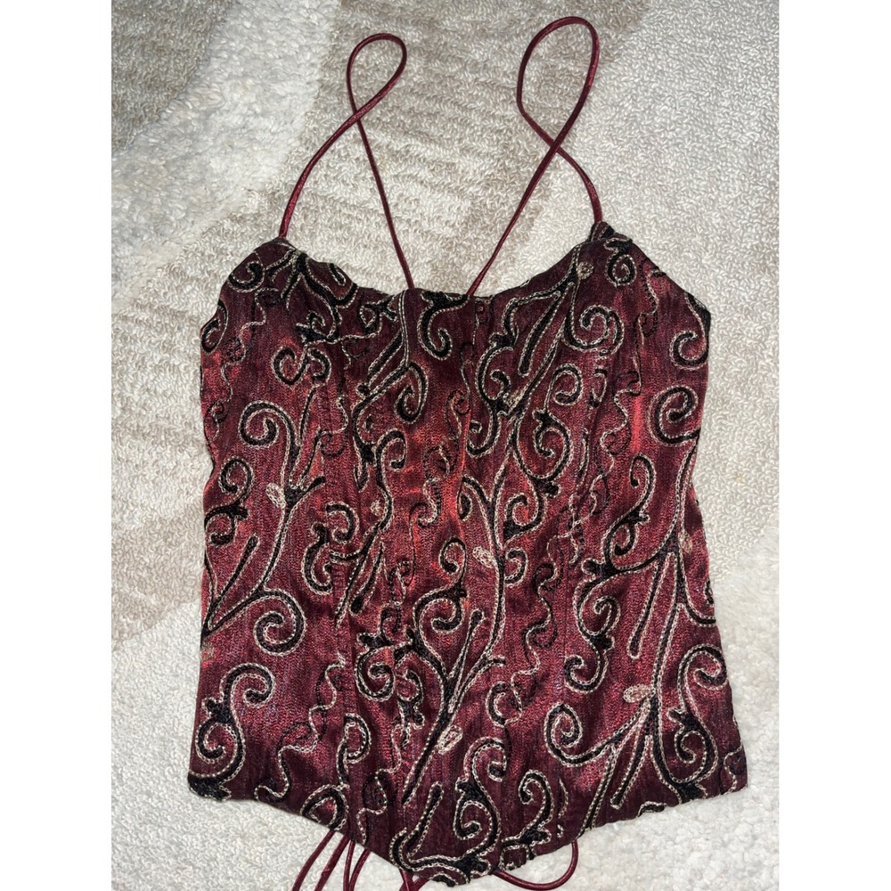 Vintage y2k Burgundy Metallic Jacquard Lace Up Corset Halter Top Wine Red - Picture 2 of 5